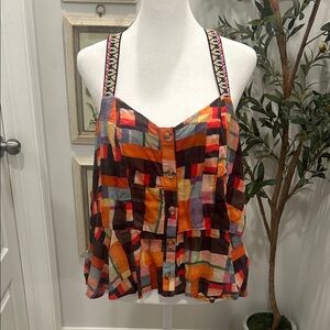 Pilcro Abstract Peplum Button-Front Tank Top in Multi-Color
